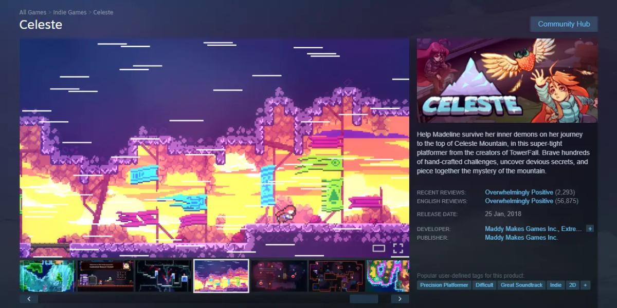 Snímek obrazovky obchodu Steam pro hru Celeste, zobrazující obrázky z hraní a podrobnosti o produktu.