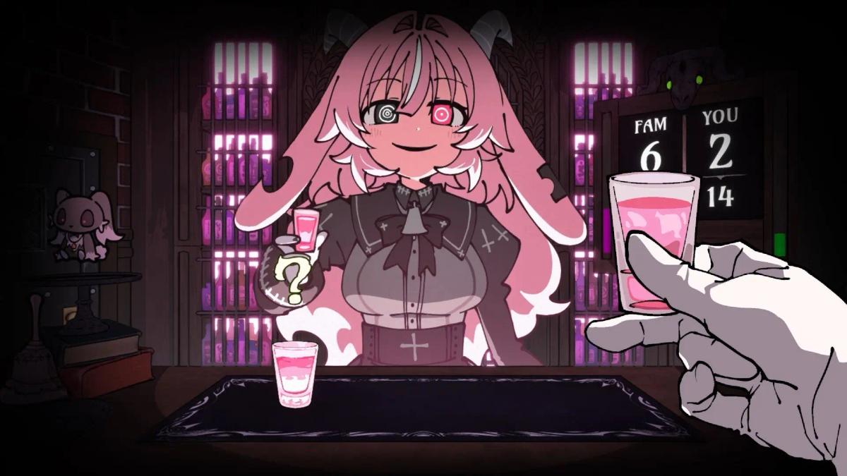 Screenshot z hraní Drunken Goddess Reflux zobrazující anime postavu s růžovými vlasy během pijácké hry.